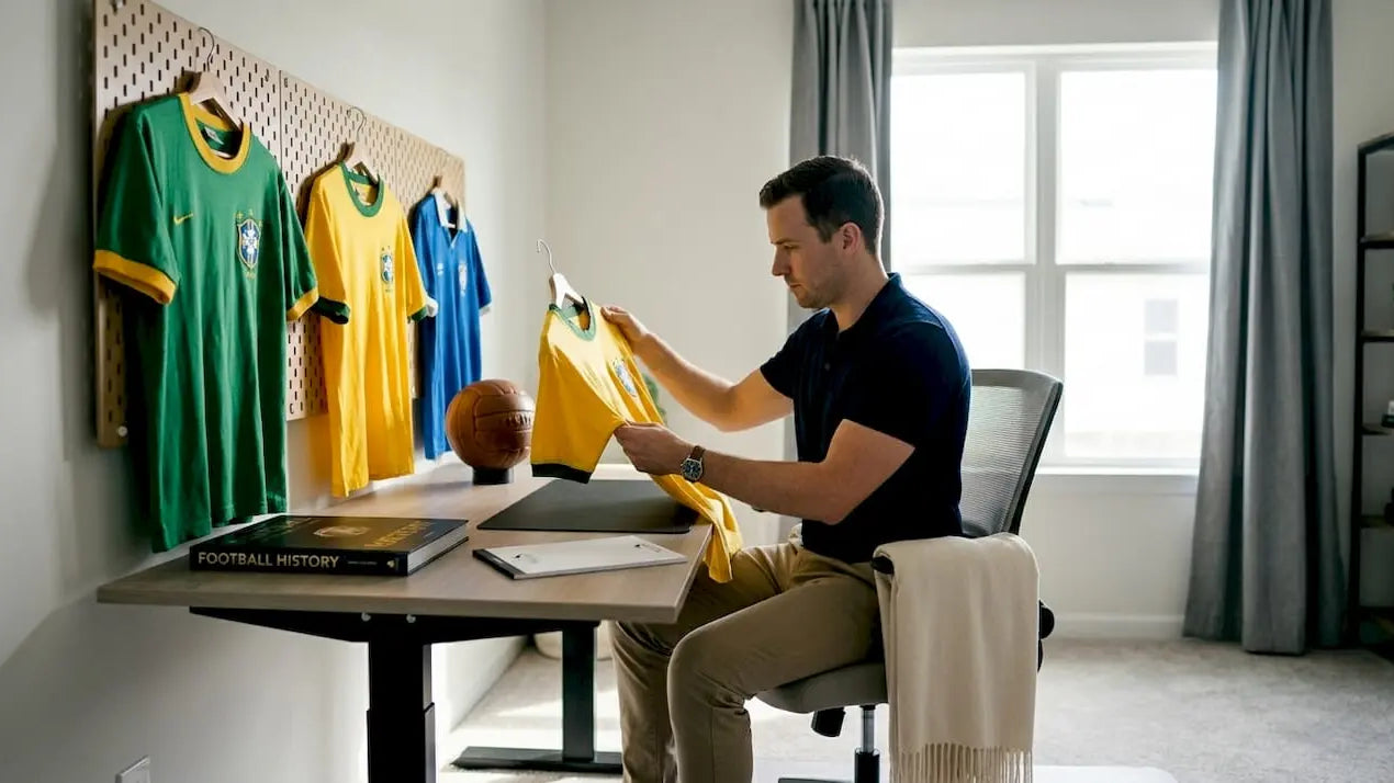 Collector examining retro soccer jerseys indoors