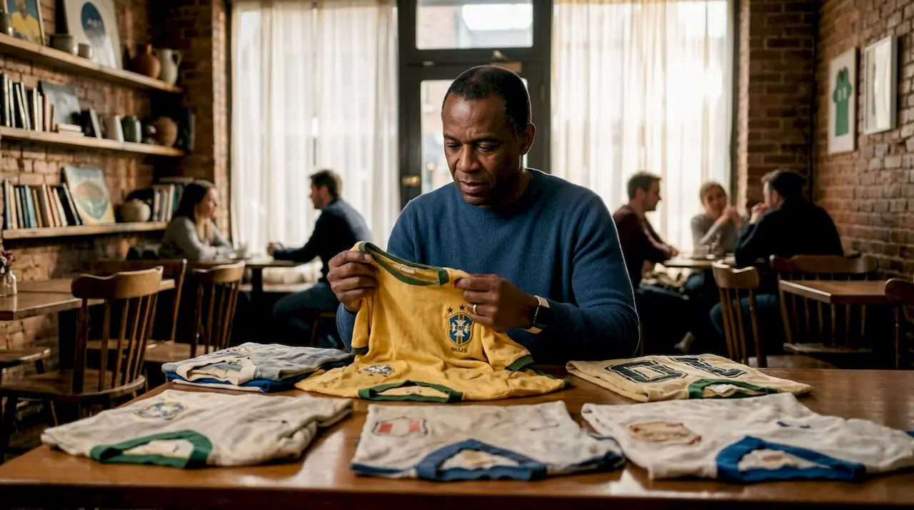 Collector inspecting vintage soccer jerseys