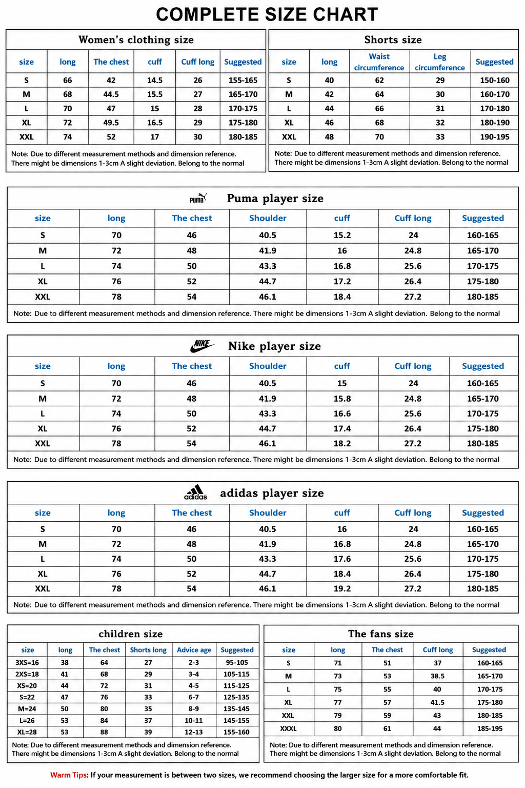 Sizes Chart