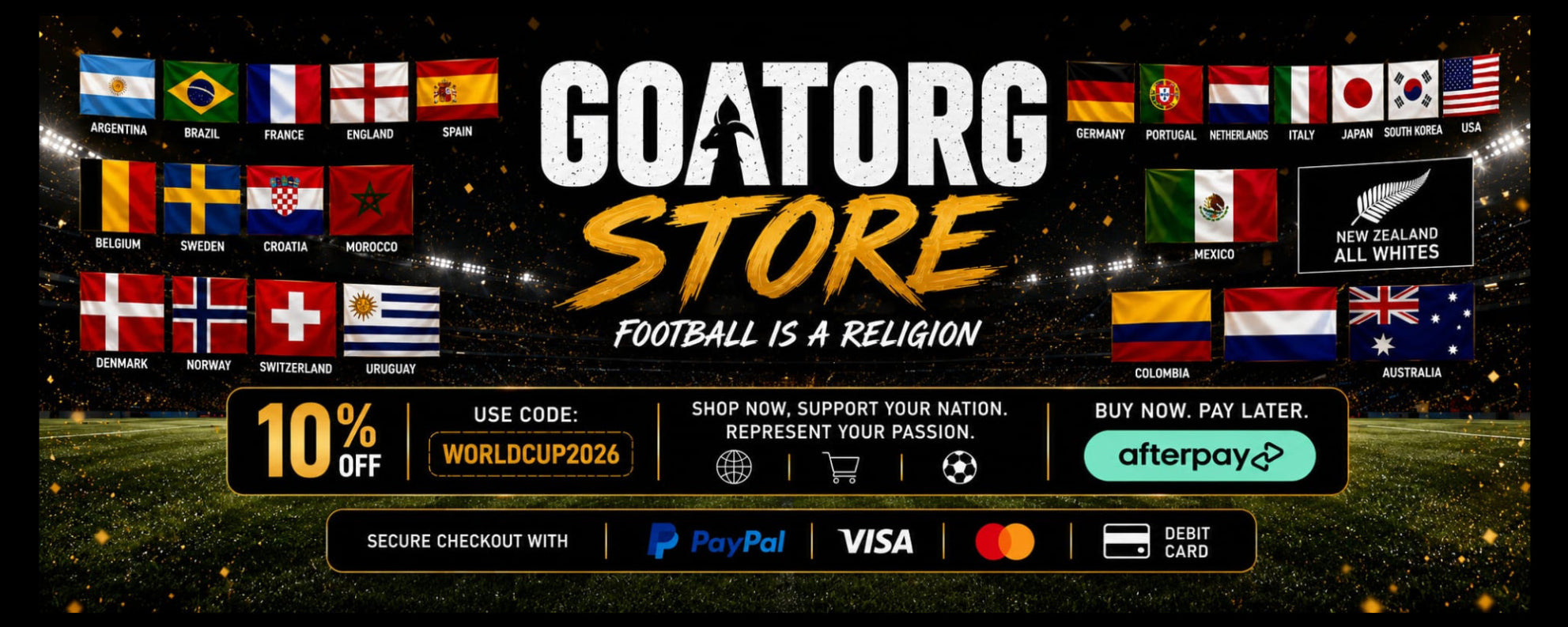 Promotional banner for Goatorg Store with football-themed design and international flags.